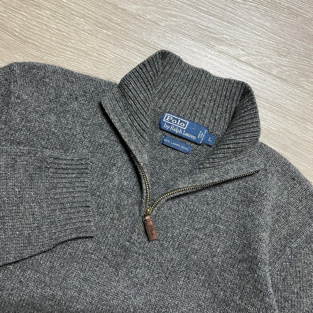 Vintage Polo Ralph Lauren 100% Lambswool Knit 1/4 Zip Sweater Mens L Gray Luxury